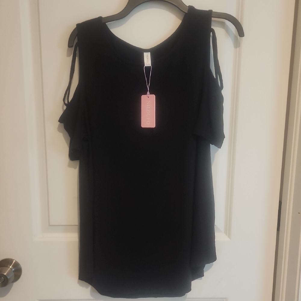 Elegant Womans Cold Shoulder Black Tunic Blouse Top Lattice Sleeve,Scoop Neck